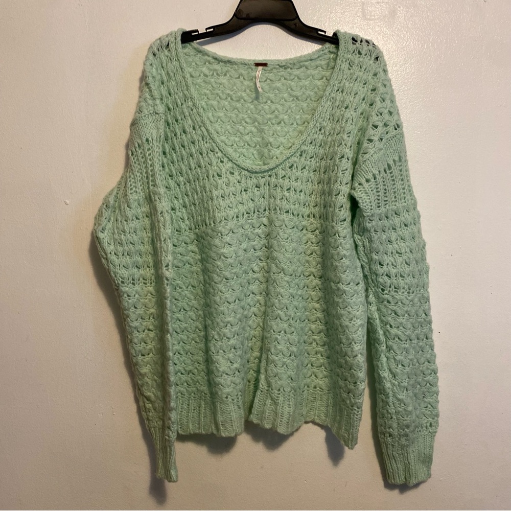 Free People Mint Green Chunky Knit Crew Neck Sweater Over Sized‎ Women’s Sz S/P